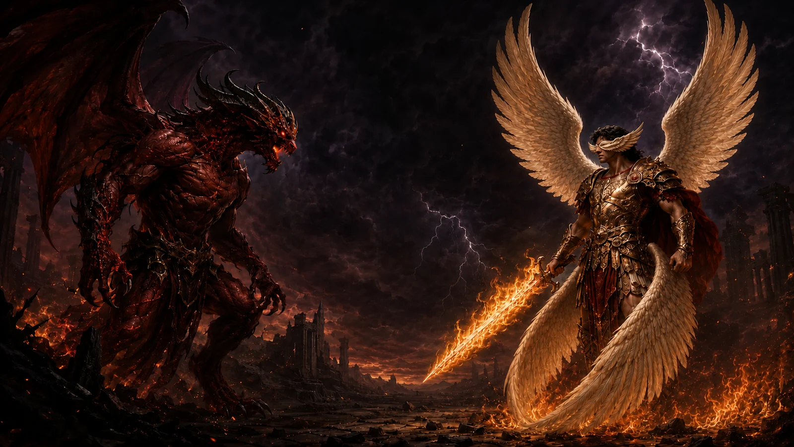 An angel with a flaming sword faces a red dragon across a burning battlefield