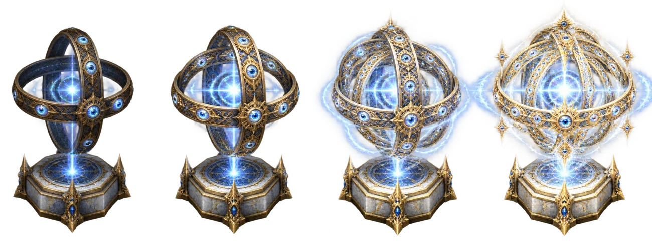 Four successive upgrade appearances of Ophanim, becoming brighter from left to right